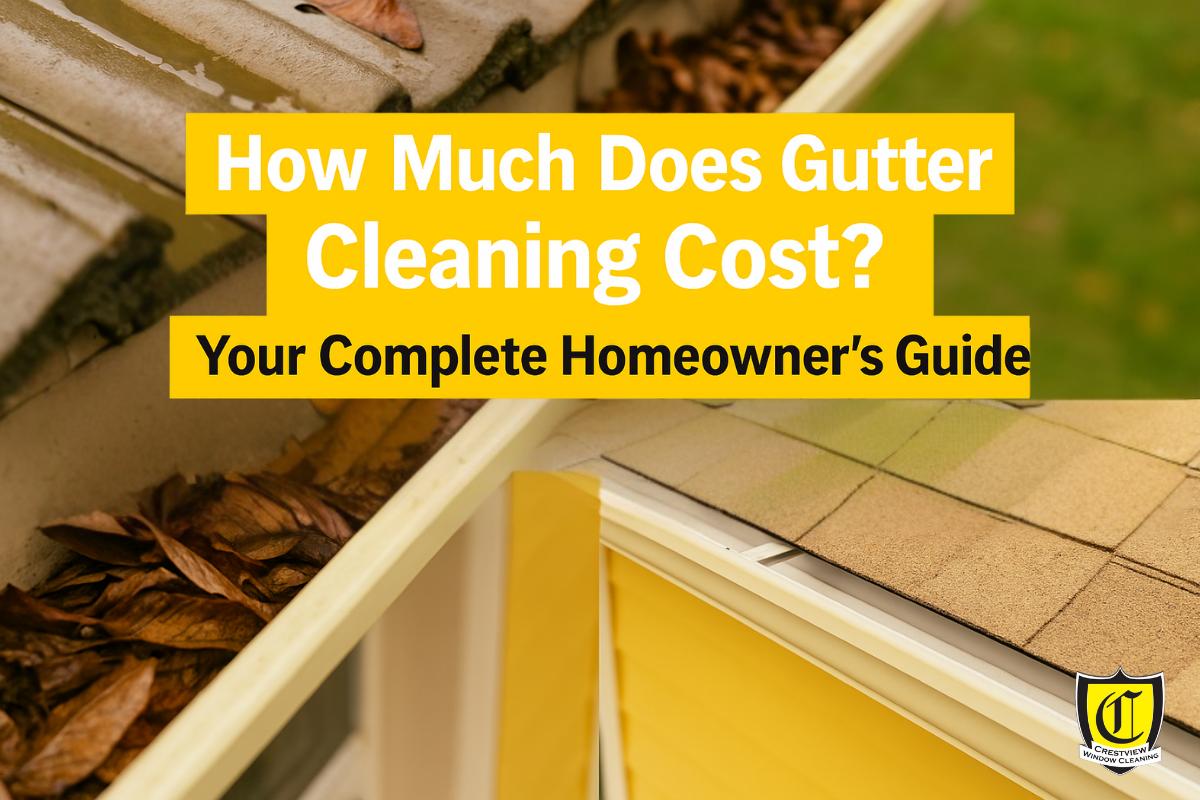 Professional worker cleaning gutters on a modern suburban home under golden daylight, with clean roof edges and sparkling finish that reflect Crestview’s high-quality gutter cleaning service.