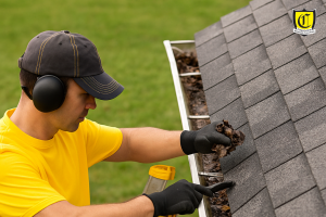 Technician cleaning gutters on a modern suburban home under bright daylight, with water flowing smoothly through clean gutters, representing Crestview’s professional and affordable gutter cleaning service.