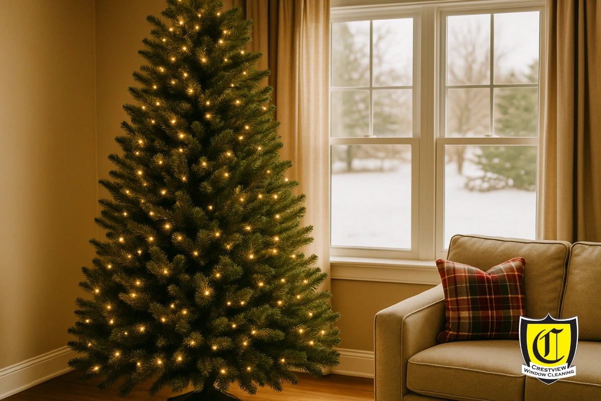 Professional installer setting up warm white and gold Christmas lights on a Portland home at dusk, creating a clean, festive, and elegant holiday atmosphere