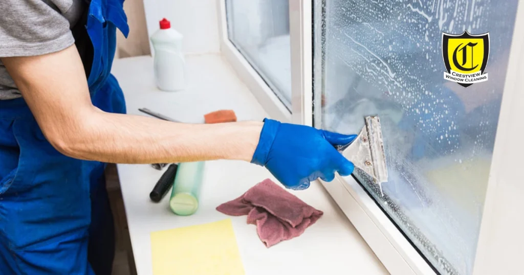 Professional window cleaner cleaning residential home windows showing window cleaning cost service